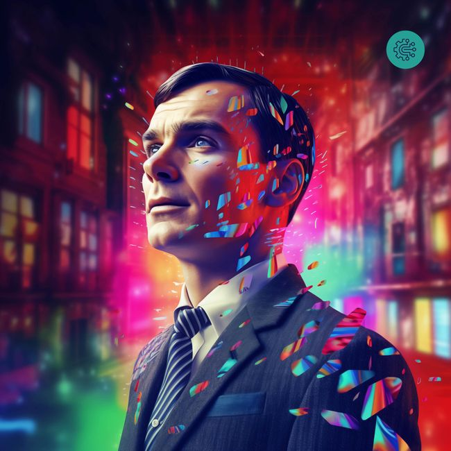 Image prompt: A photo realistic black and white image of Alan Turing witnessing artificial intelligence become a vivid colourful reality in the background.